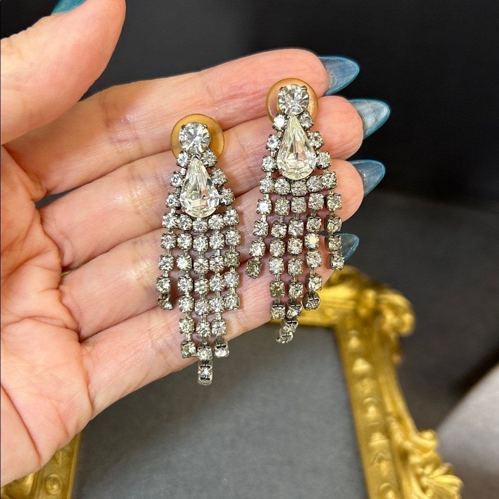 Vintage Teardrop Fringe Drop Earrings - Clear Rhinestone